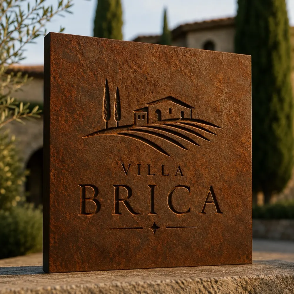 Villa Brica corten sign with logo